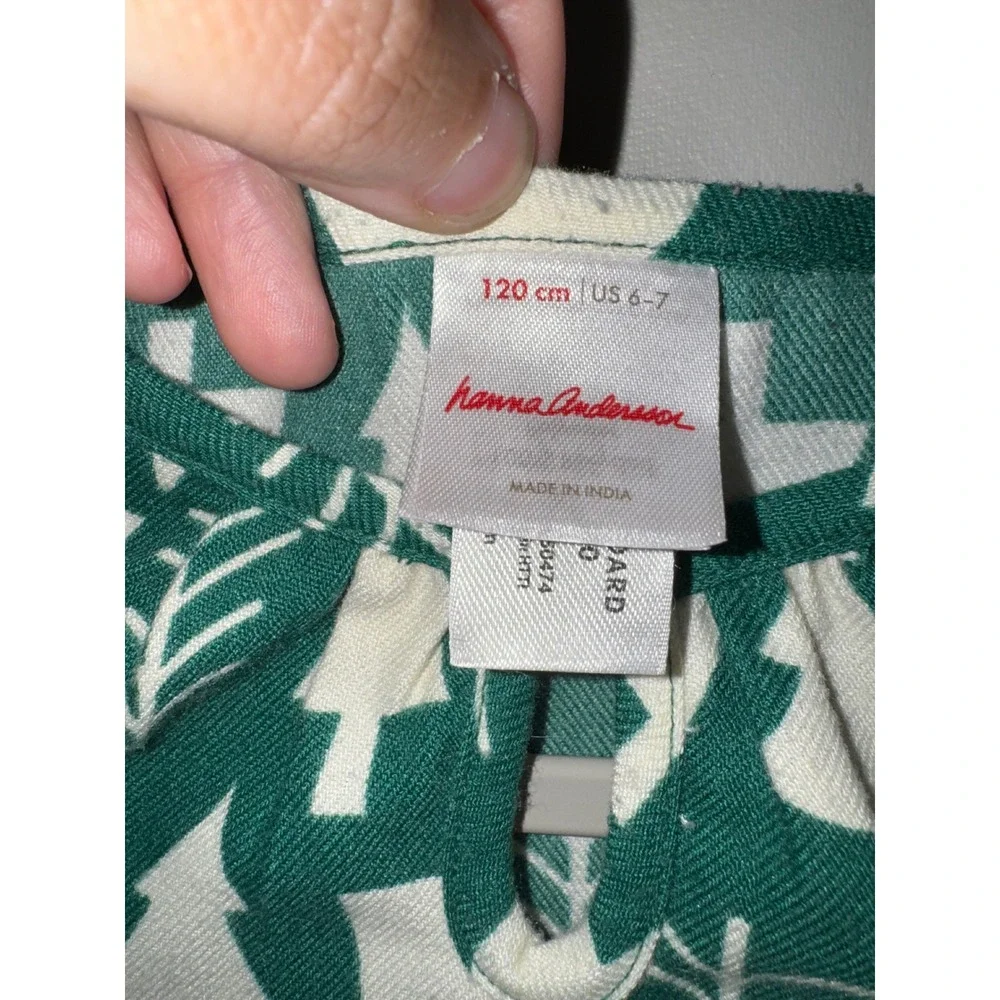 Hanna Andersson Girls Green White Evergreen Tree Twill Ruffle Dress Size 120 6-7